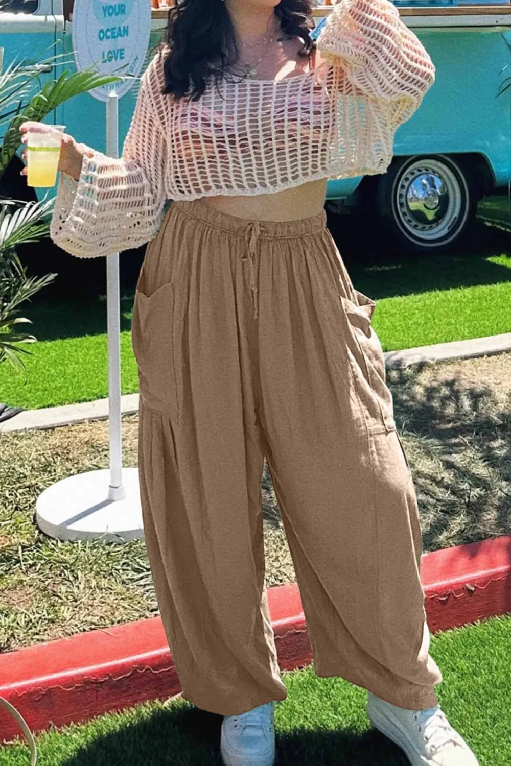 Drawstring Pocket Wide Leg Pants