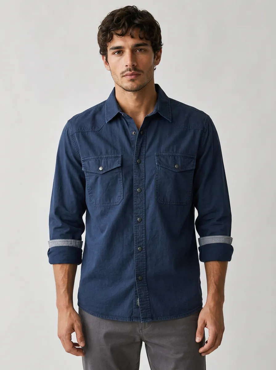 Men's Casual Breathable Navy Blue Snap Button Denim Shirt