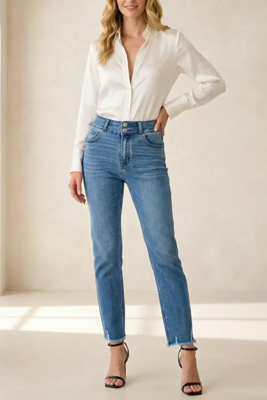High Rise Straight Leg Cropped Denim Jeans