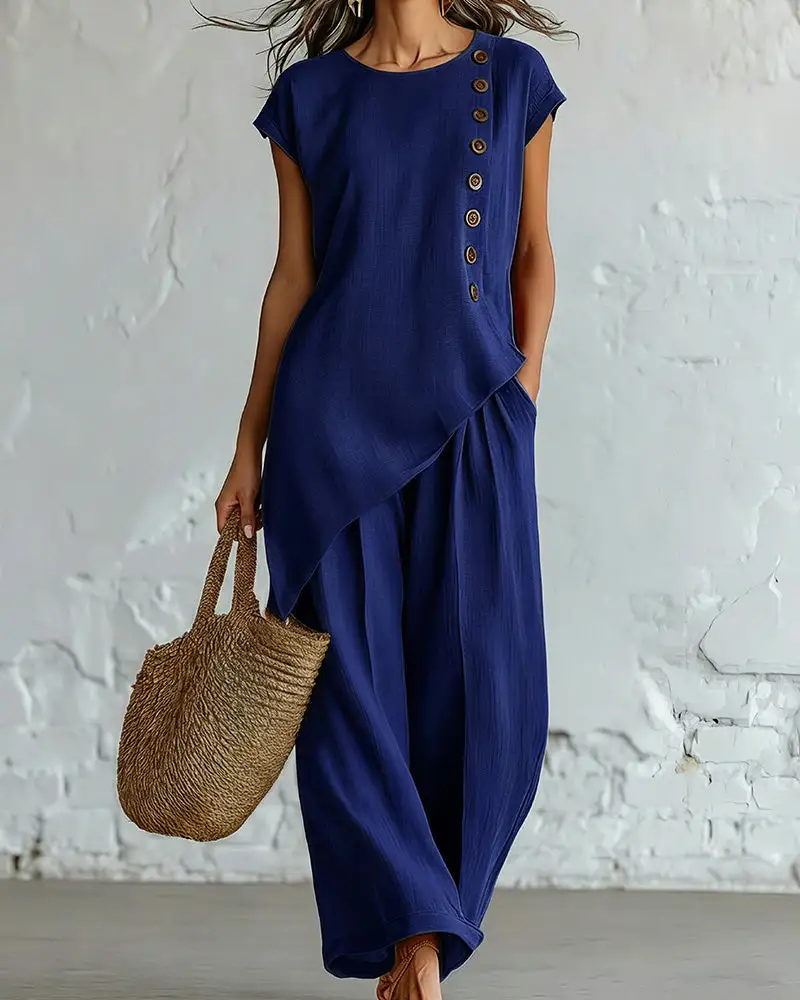 Asymmetrical Button Top and Wide-Leg Pants Lounge Set
