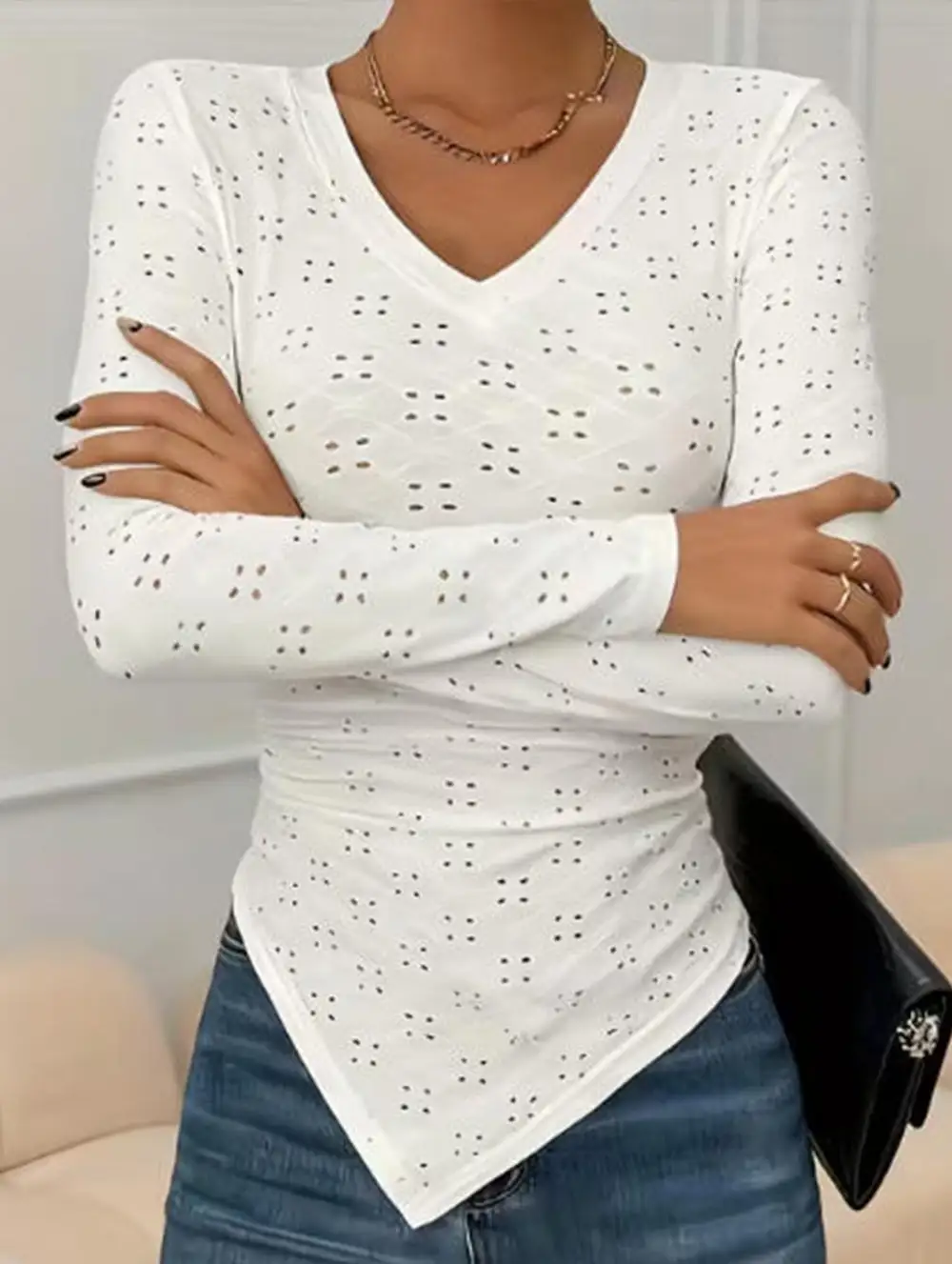 Openwork V Neck Slim Fit Long Sleeve Tee