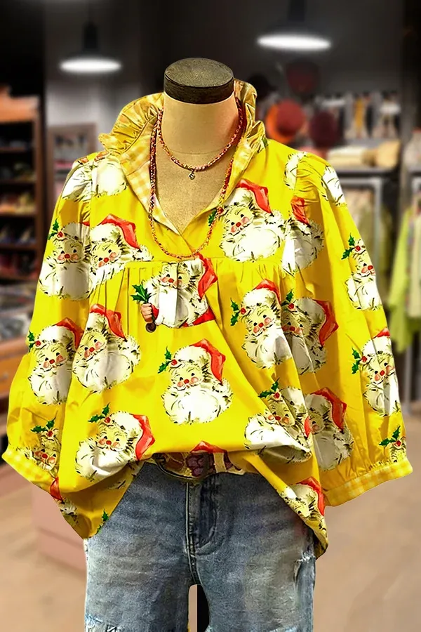 Christmas Santa Print Ruffle V-Neck Blouse