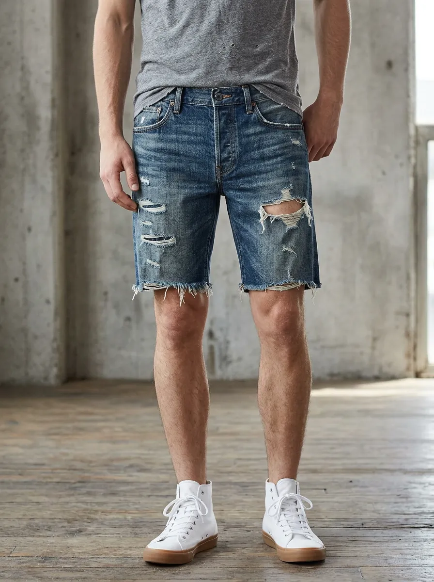 Men's Button Fly Detail Ripped Denim Shorts