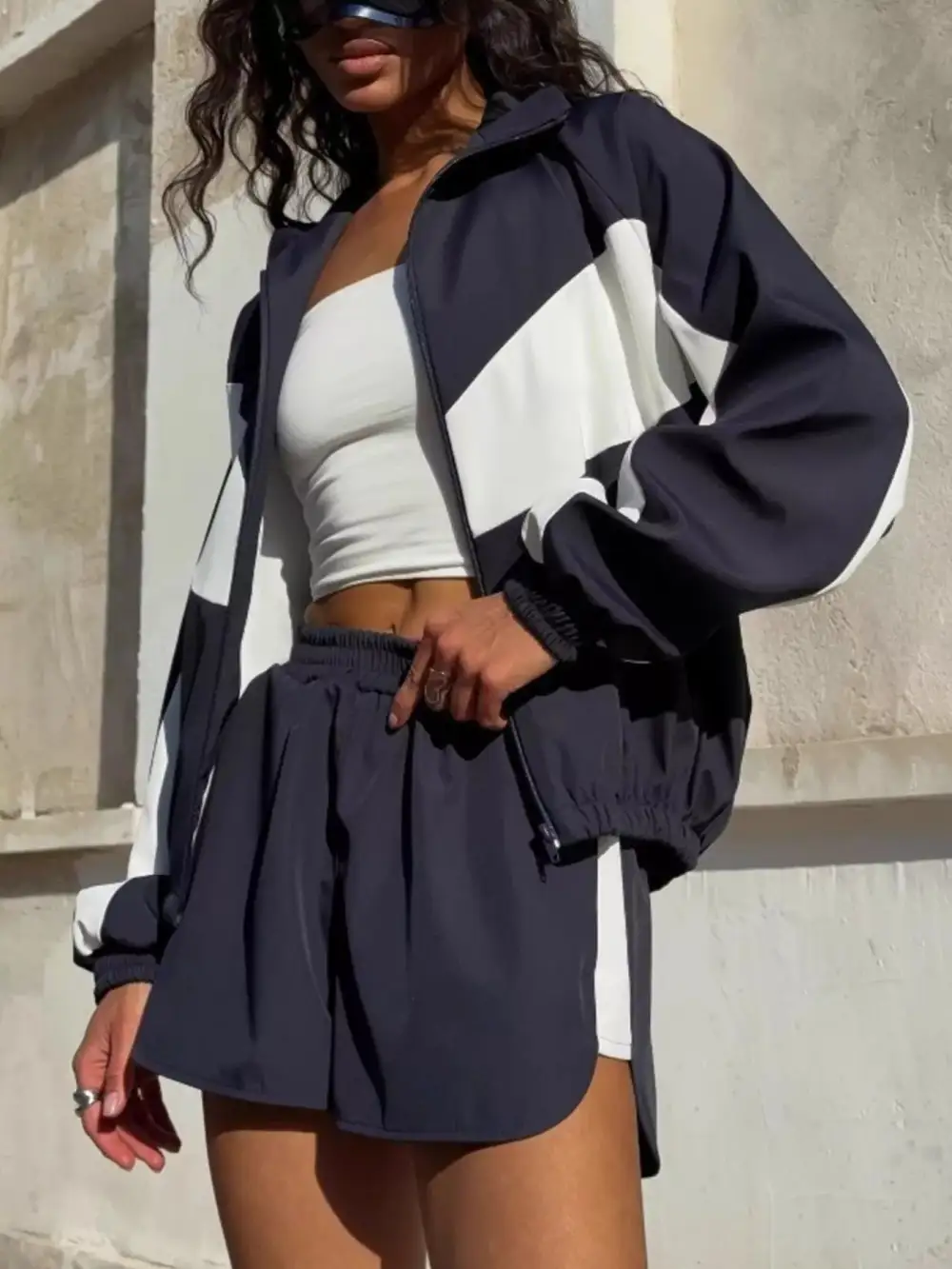 Zip-Detail Pocketed Colorblock Top and Shorts Matching Set