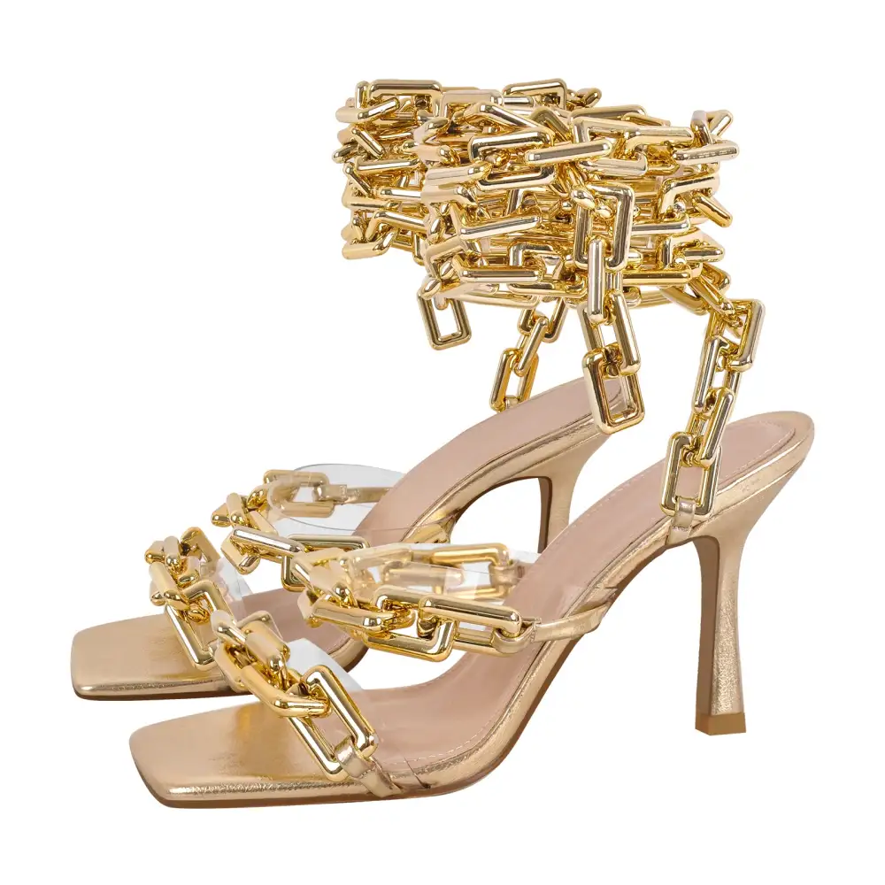 Square Toe Metal Chain Lace Up Stiletto Sandals