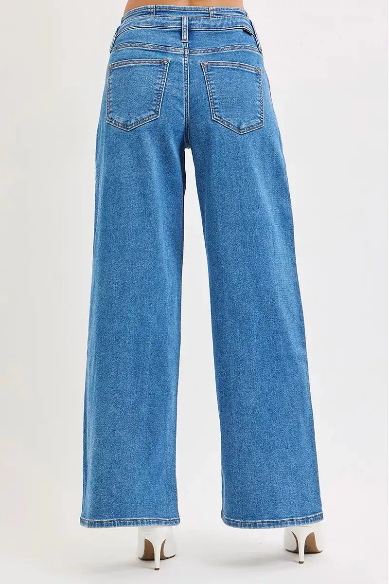 Mid Rise Pleated Wide Leg Jeans