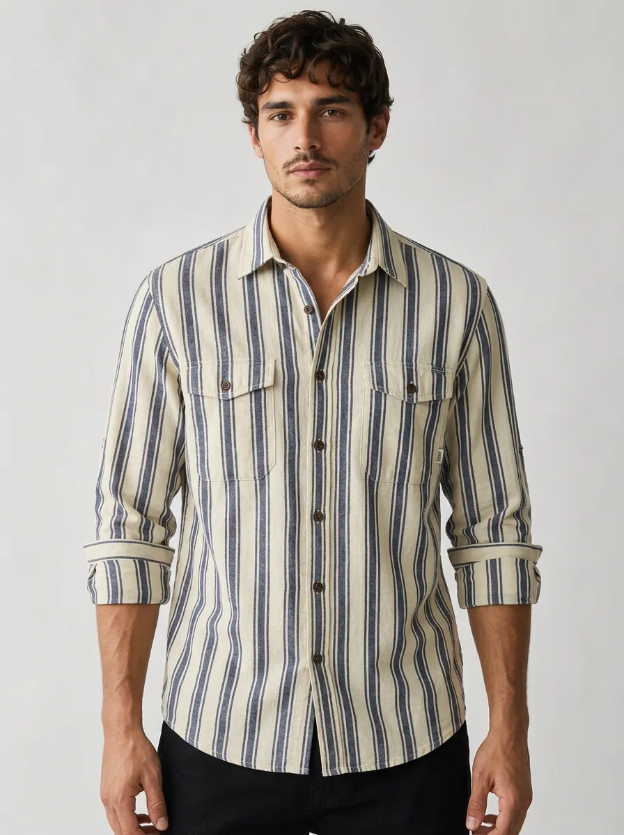Men's Casual Breathable Blue Striped Printed Long Sleeve Shirt