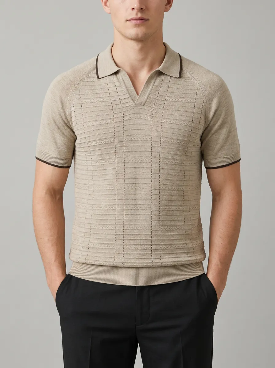 Men's Textured Knit Polo Shirt with Raglan Sleeves