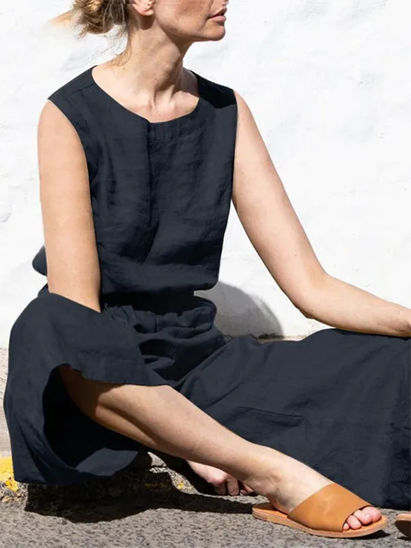 Sleeveless Wide Leg Elasticity Round-Neck Jumpsuit