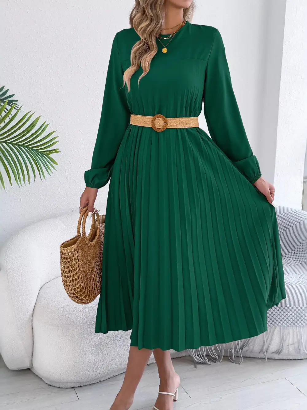 Pleated Pleated A-Line Midi Dress