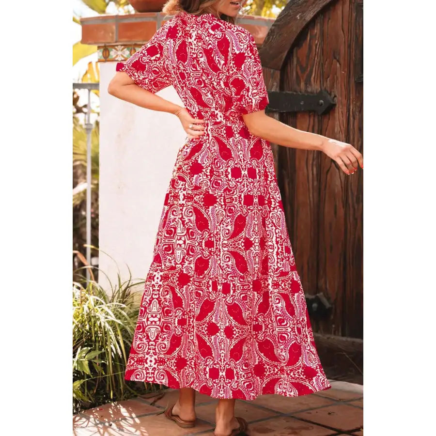 Relaxed Paisley Print Side Slit Puff Sleeve High Waist Maxi Dress
