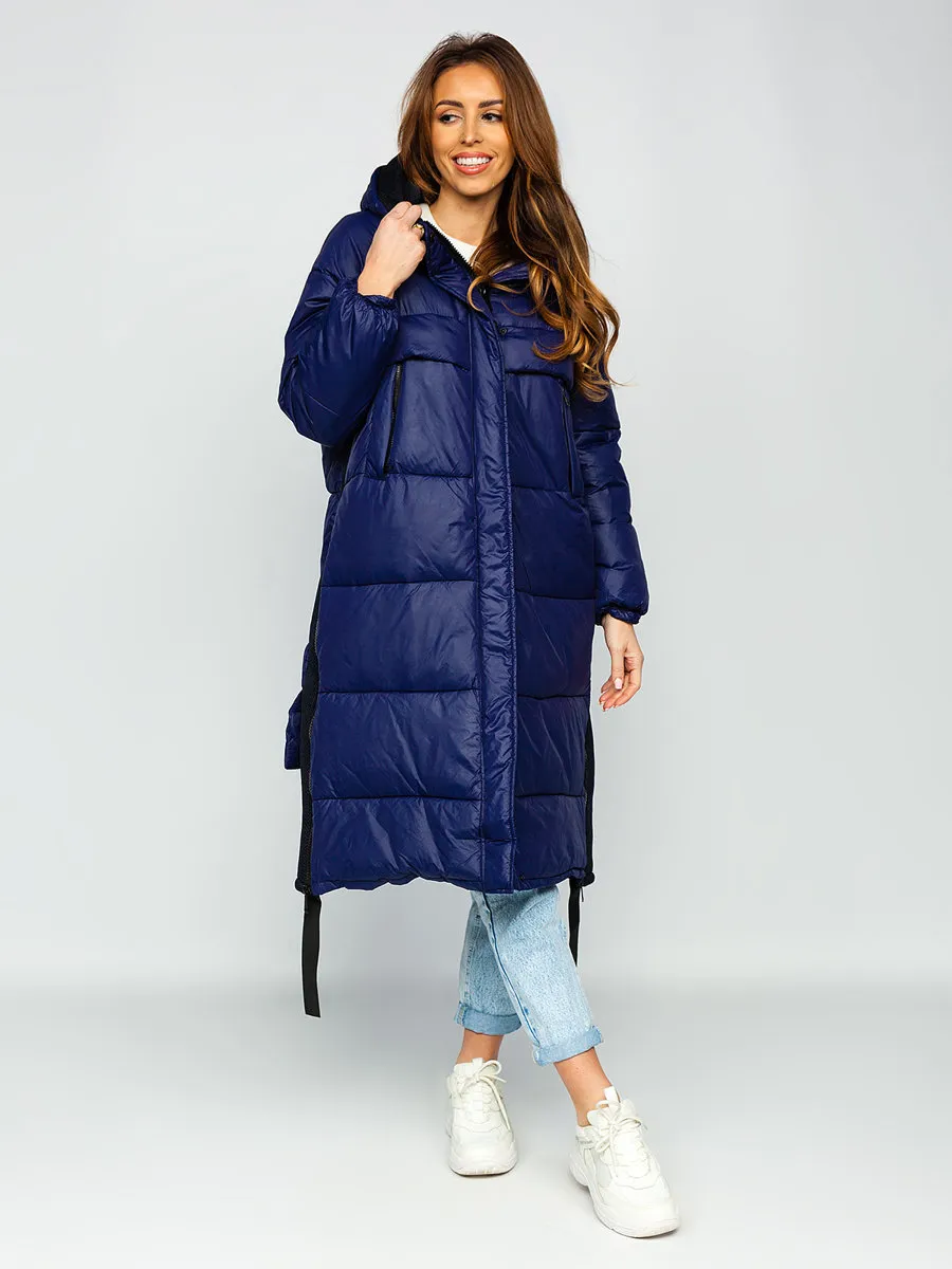 Dark blue women's long winter jacket with hood