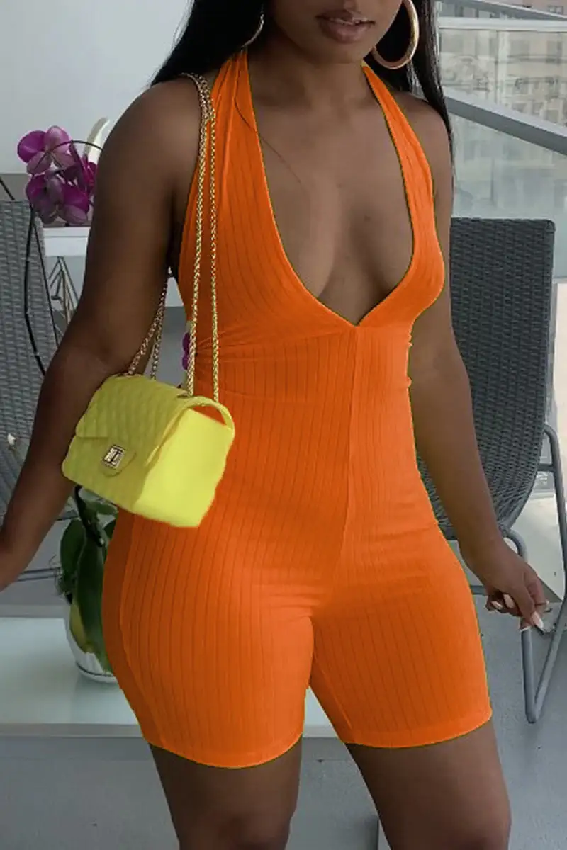Sexy Casual Solid Backless Halter Sleeveless Skinny Romper