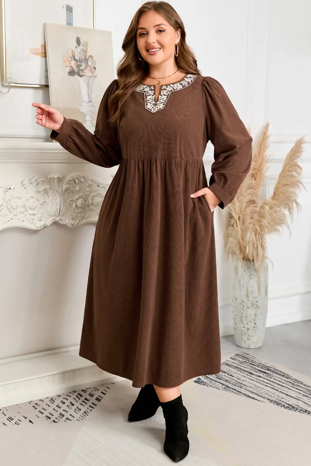 Embroidered Split Neck Pleated Midi Dress
