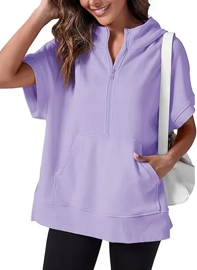 Women's Oversized Half Zip Short Sleeve Hoodie with Pockets