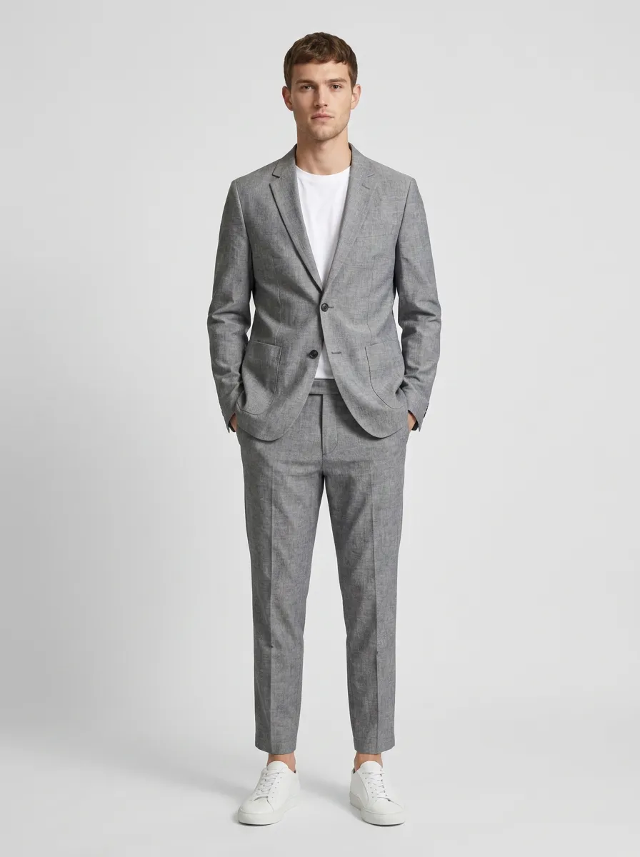 Men's Casual Business Grey Linen Slim Fit Suit Set