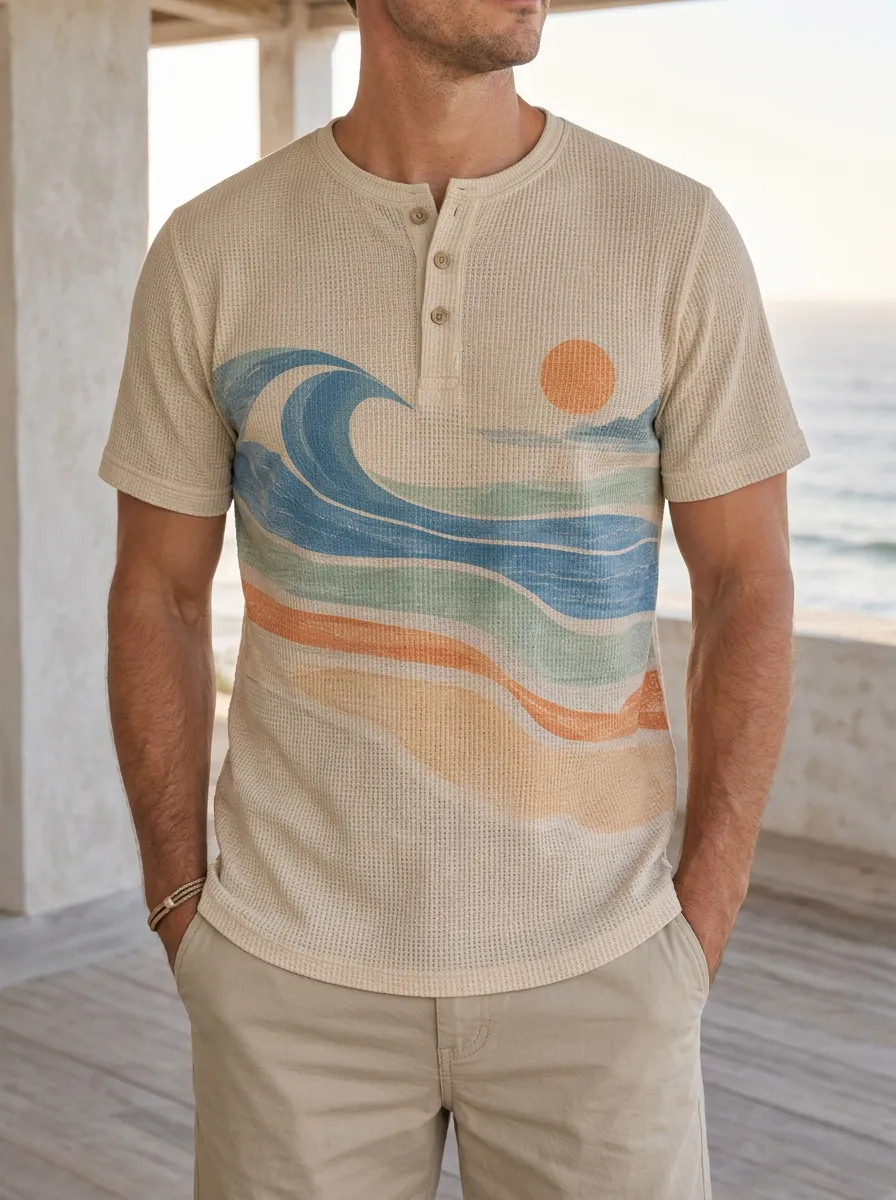 Men's Casual Beach Lover Ocean Wave Sun Henley T-Shirt