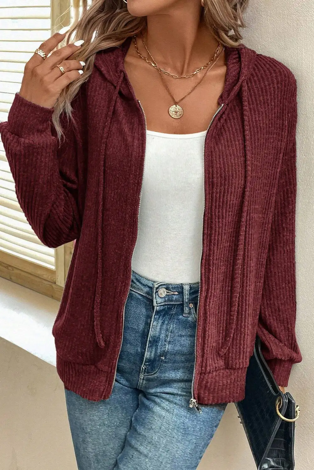 Everyday Ribbed Zip Detail Hoodie