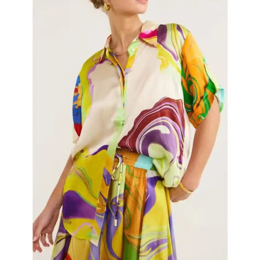 Printed Button Up Shirt and Skirt Set