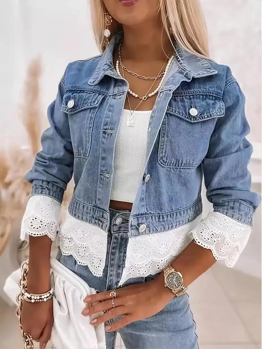 Cropped Jacket With Lace Trim