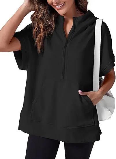 Women's Oversized Half Zip Short Sleeve Hoodie with Pockets