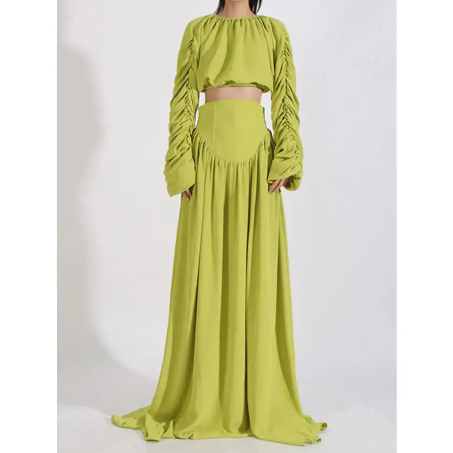 Ruched Long Sleeve Top and High Waist Skirt Set