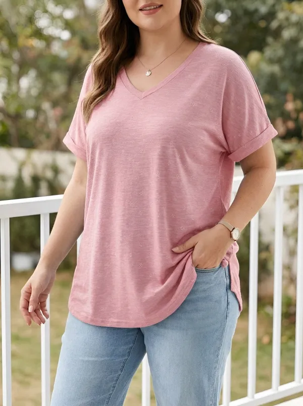 Women's Plus Size Blue Floral Dot Printed V-Neck Loose T-Shirt