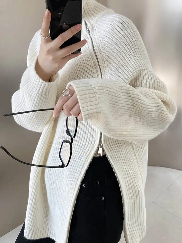 Split Hem Paneled Zip Detail High Neck Long Sleeve Sweater