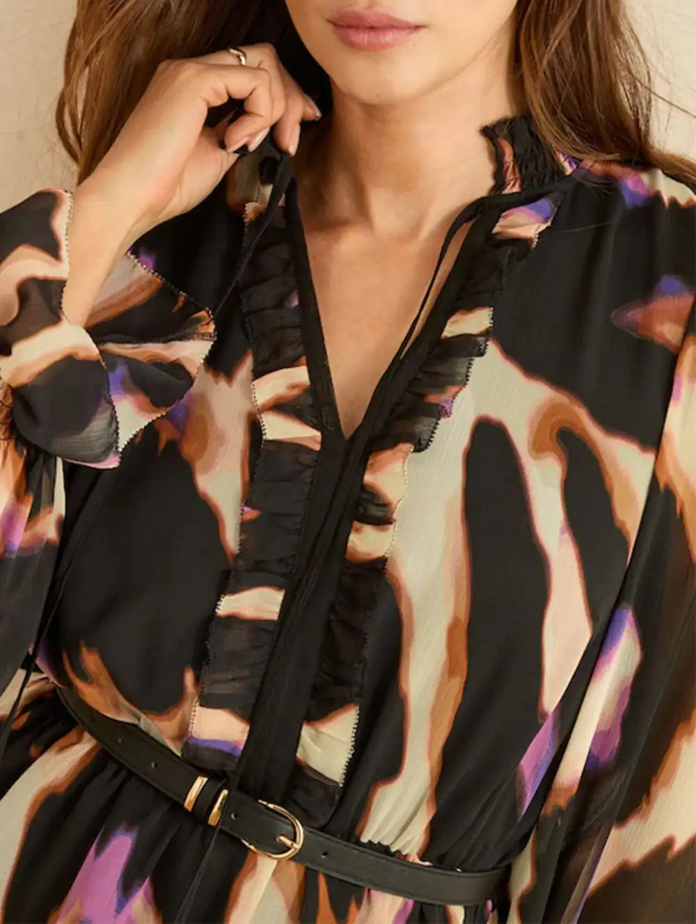 Printed V-Neck Bell Sleeve Slim Dress