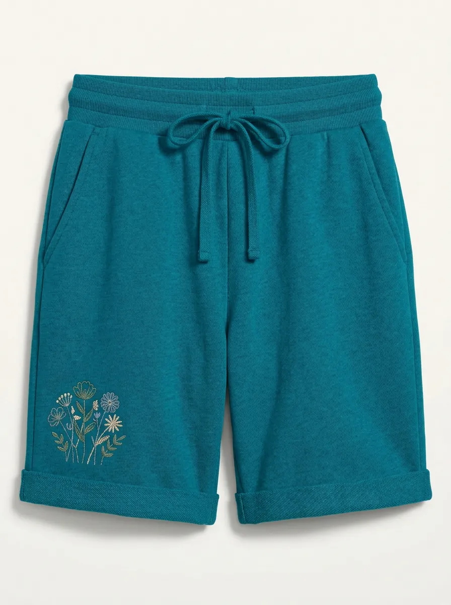 Women's Cuffed-Hem Floral-Embroidered Sweat Shorts