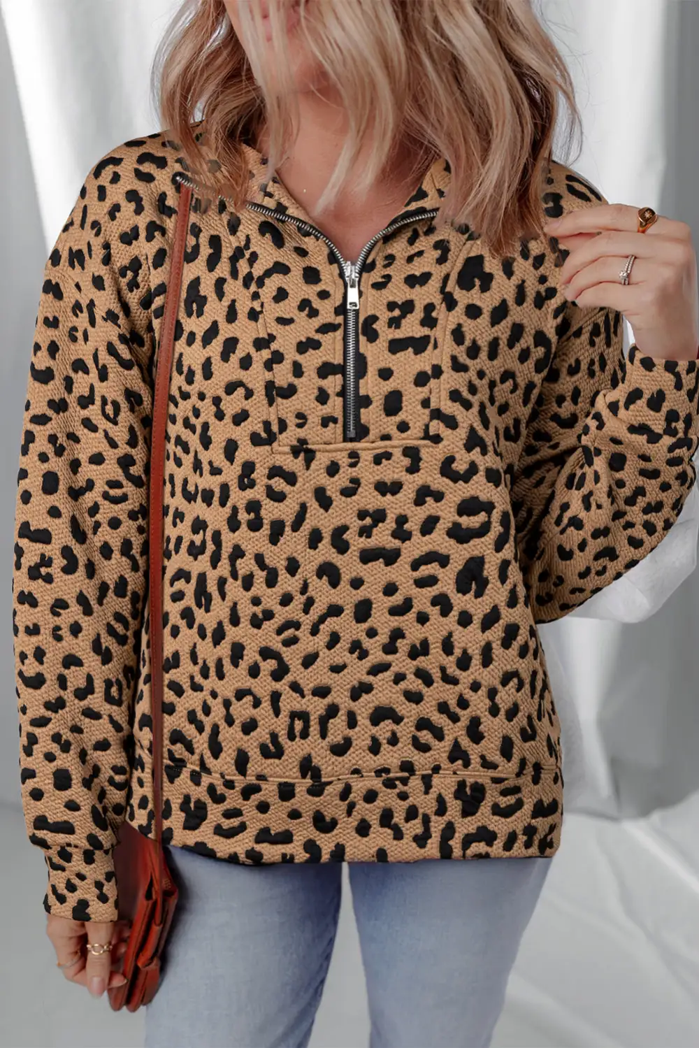 Relaxed Leopard Print Zip Detail Quarter Zip Sweatshirt