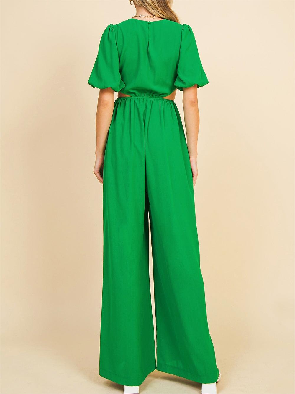 Emerald Green Cut - Out Puff - Sleeve Jumpsuit