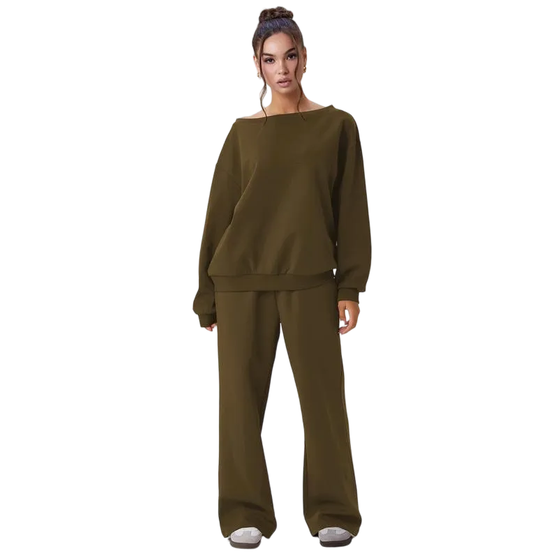 Women's Leisure Solid Color Sloping Shoulder Long Sleeve Top & Wide Leg Trousers