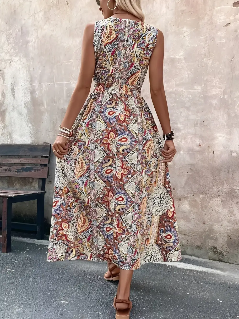 Boho Paisley V-Neck Sleeveless Slit Romper
