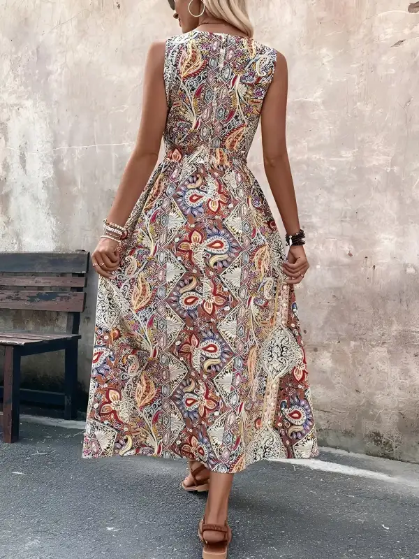 Boho Paisley V-Neck Sleeveless Slit Romper