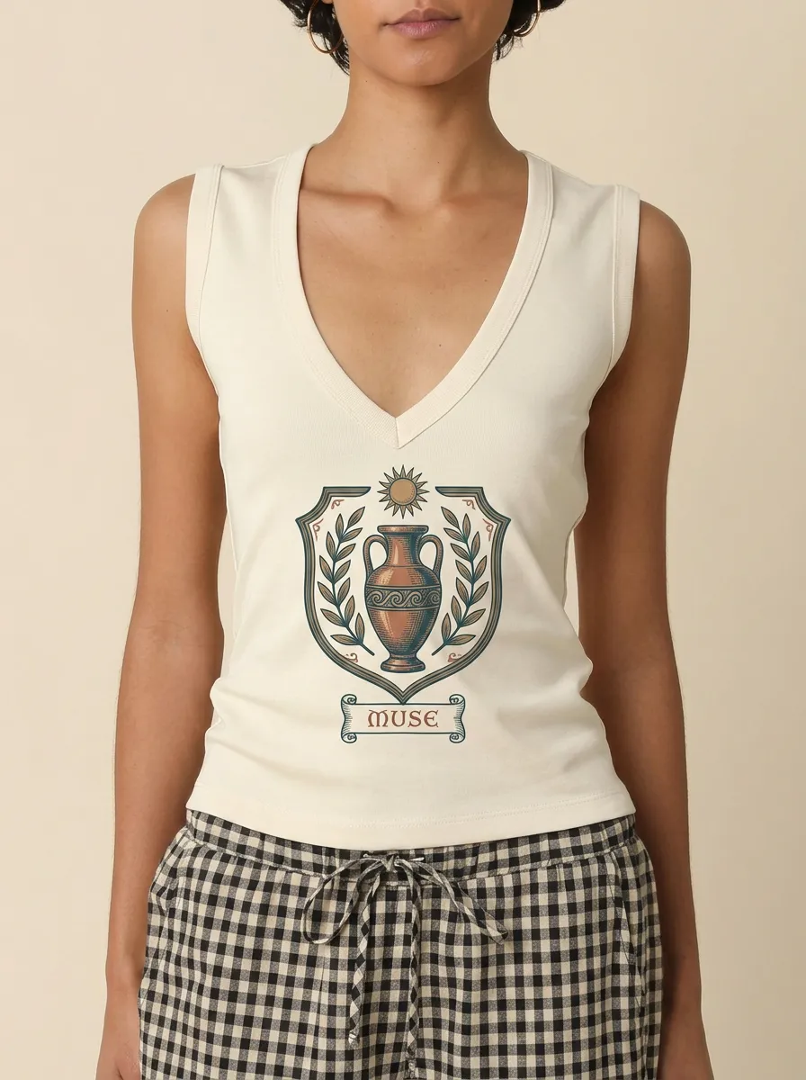 Women's Greek Mythology Muse Vase Shield Printed Tank Top