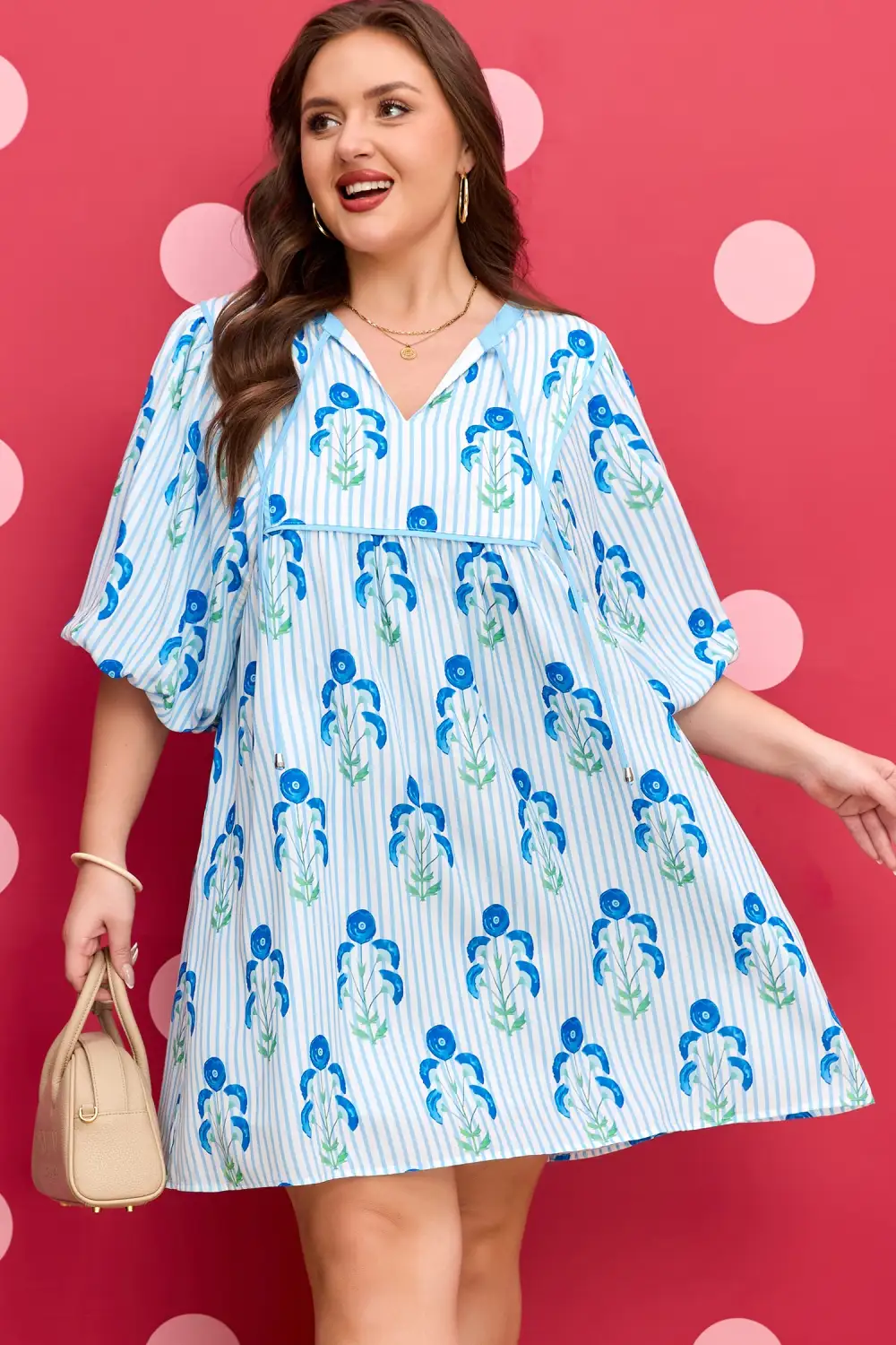 Floral Striped Short Sleeve Dress Casual