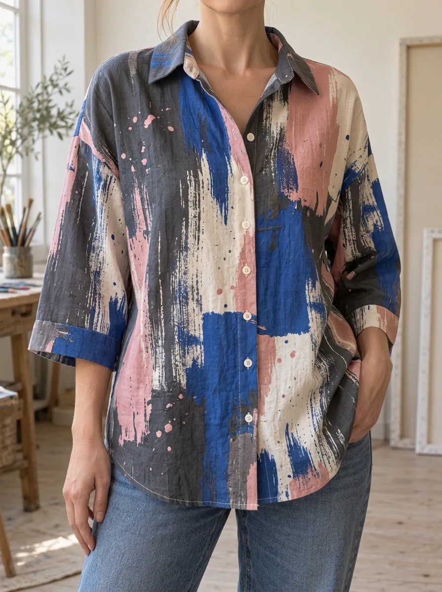 Women's Abstract Brushstroke Print Oversized Button-Down Shirt
