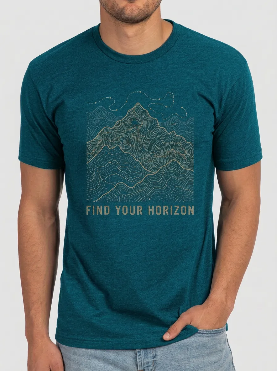 Men's Hiking Lover Mountain Topographic Map Printed T-shirt