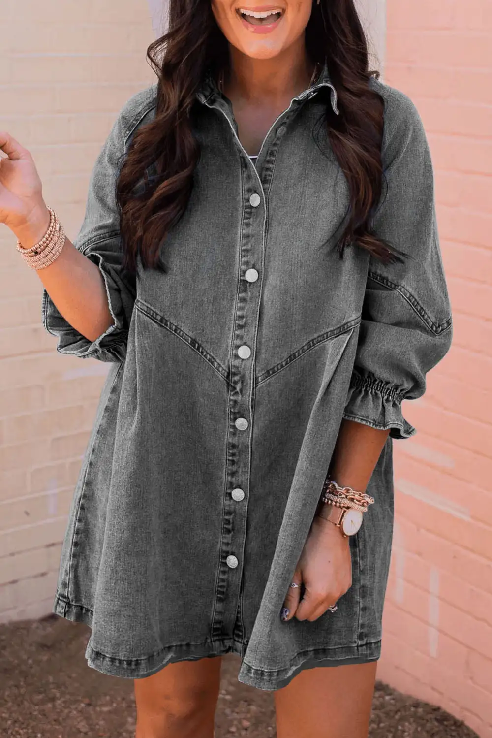 Denim Look Button Front Long Sleeve Mini Dress