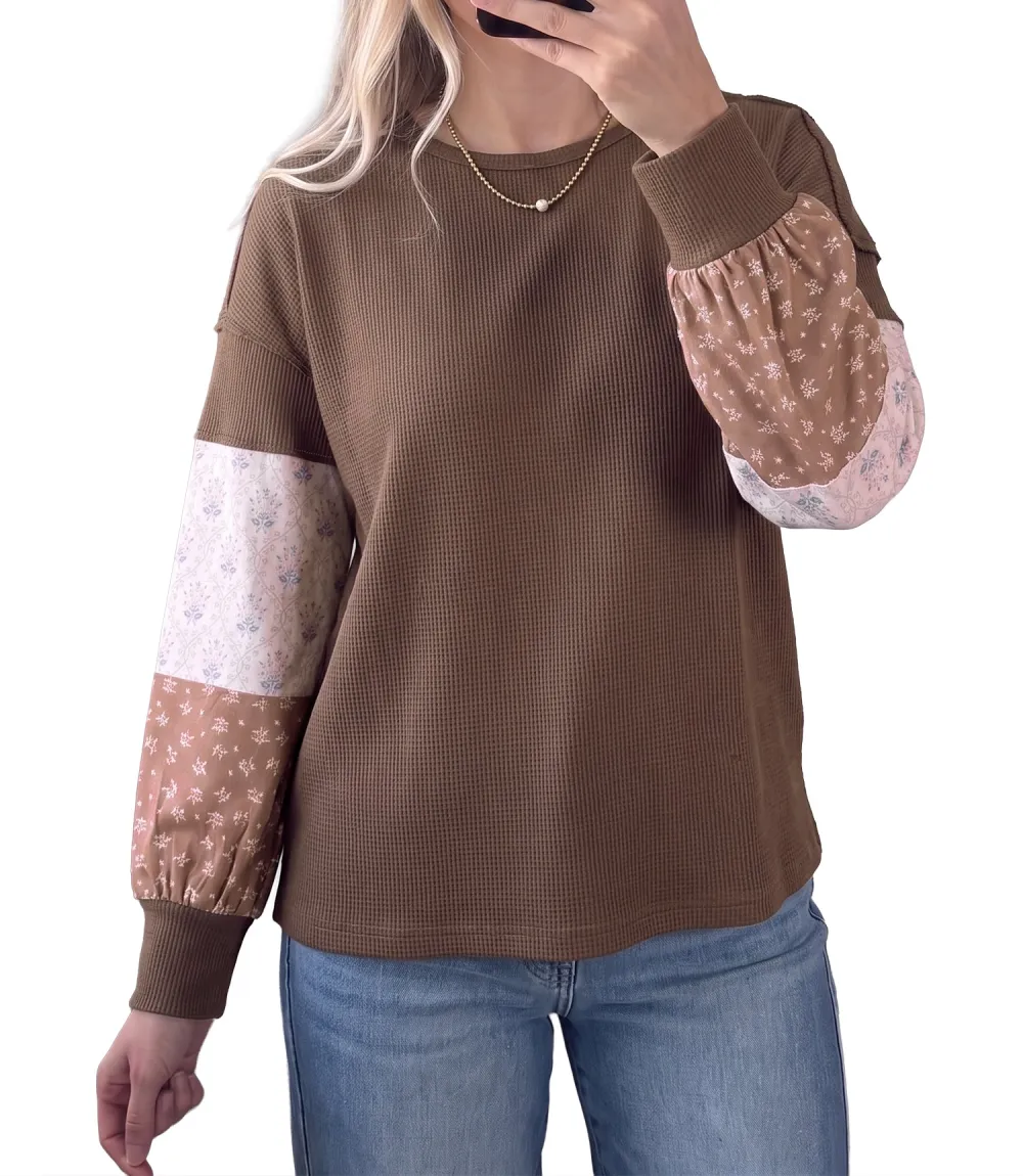 Floral Print Waffle Knit Loose Fit Long Sleeve Top