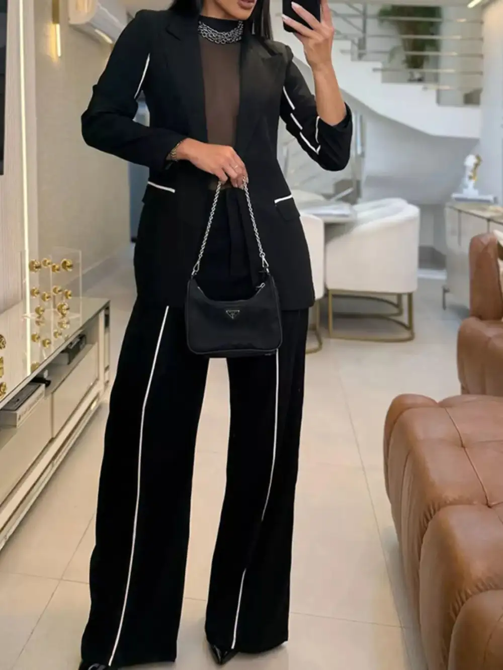 Contrast Trim Blazer and Wide Leg Pants Set