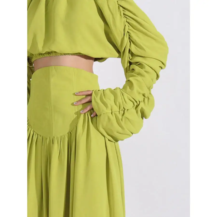Ruched Long Sleeve Top and High Waist Skirt Set