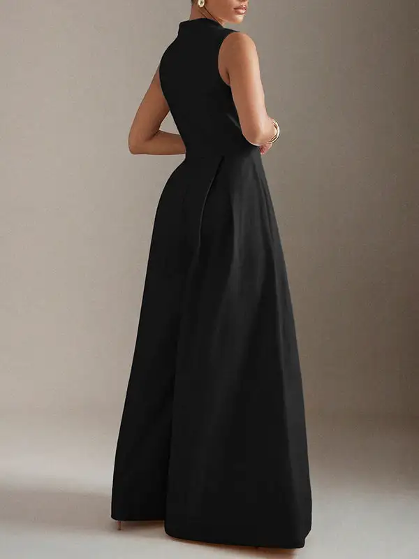 Mouwloze Jumpsuits Met Wijde Pijpen Geplooide Effen Kleur