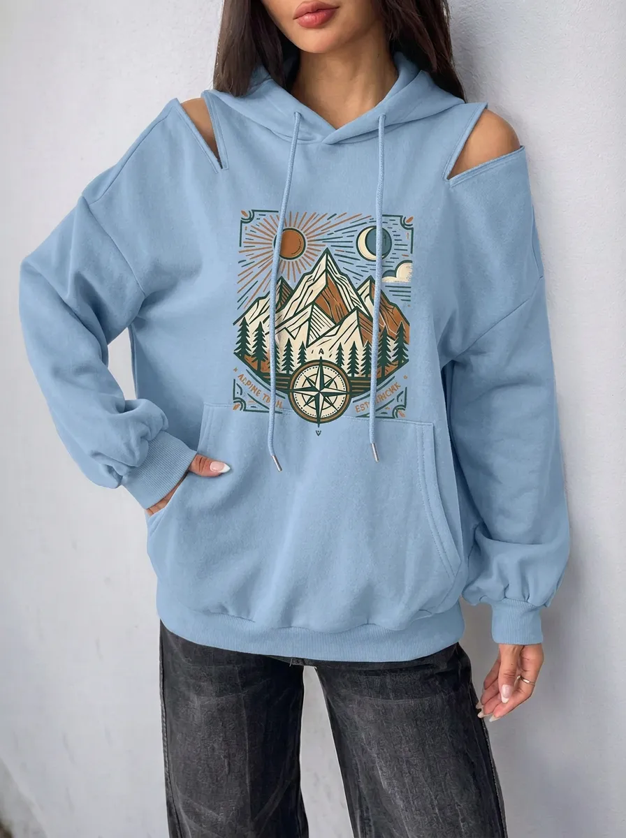 Women's Outdoor Adventure Mountain Compass Printed Cold Shoulder Hoodie