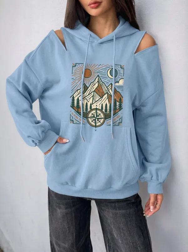 Women's Outdoor Adventure Mountain Compass Printed Cold Shoulder Hoodie