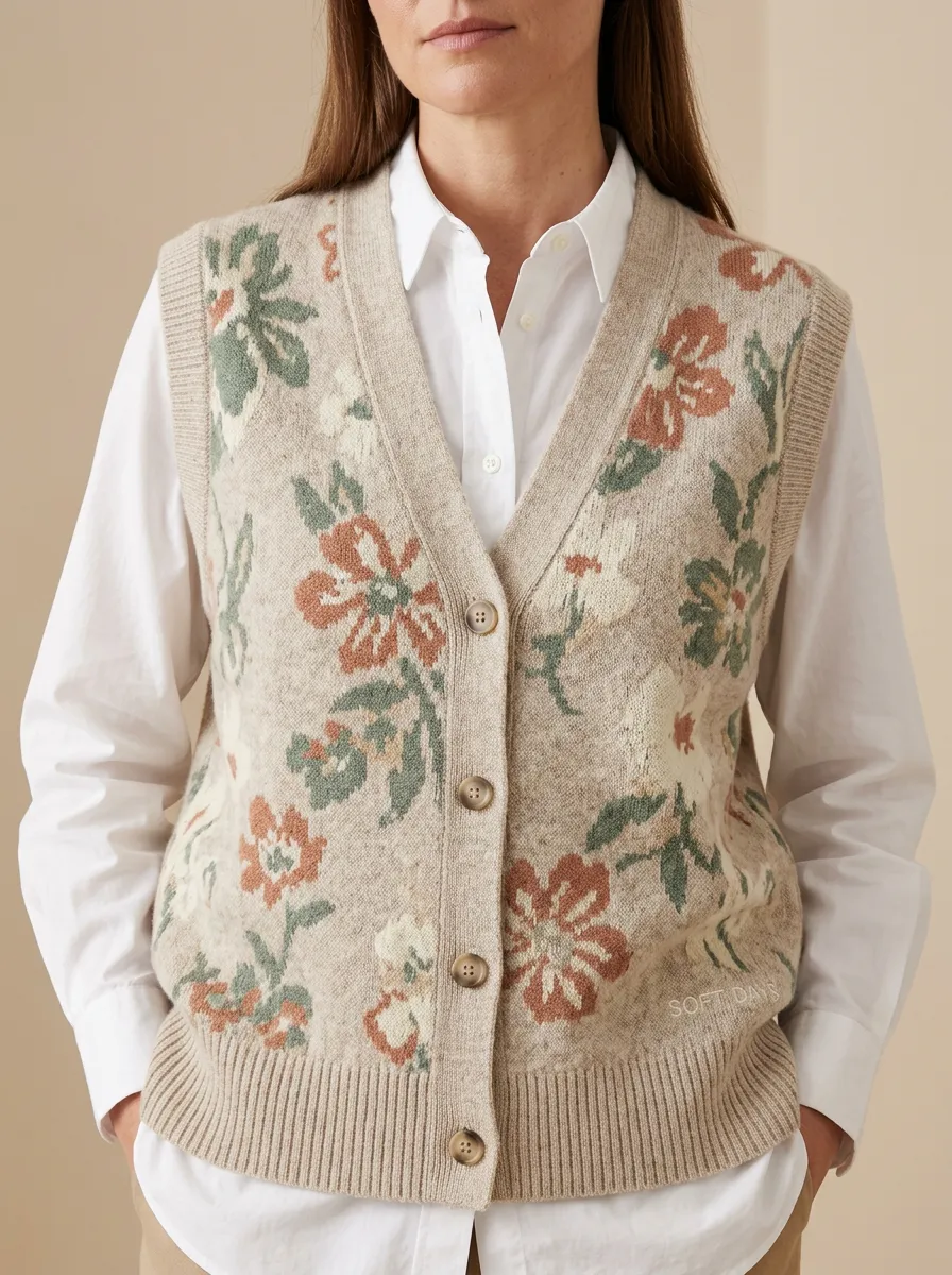 Floral Button Textured Sweater Vest