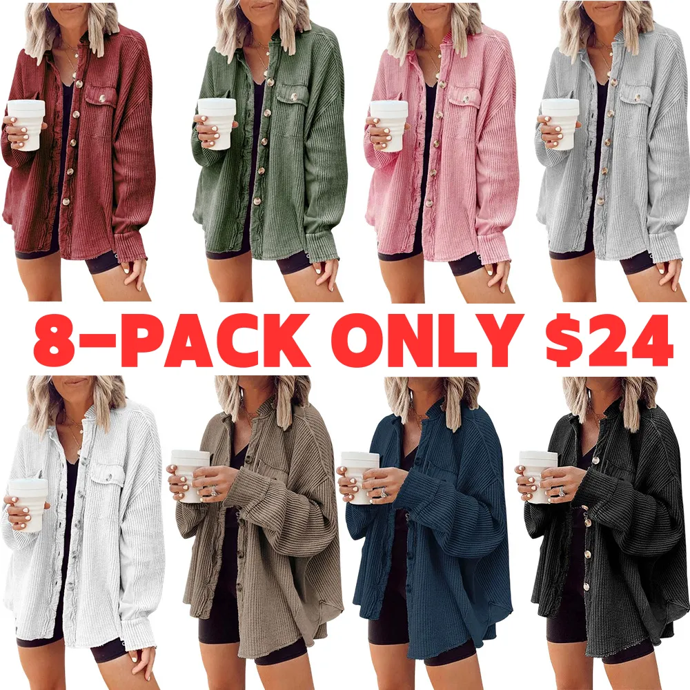 Women's Loose Fit Batwing Sleeve Waffle Knit Button Down Shirt Shacket Tops