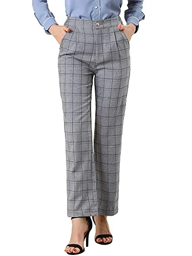 Women's Plaid Pants Elastic Waist Casual Work Office Long Trousers