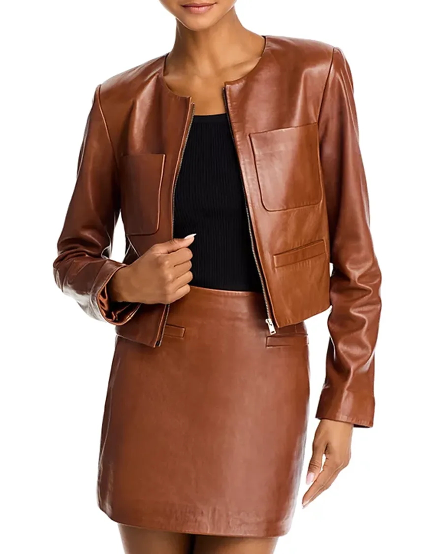 Long Sleeves Round Neck Leather Jacket